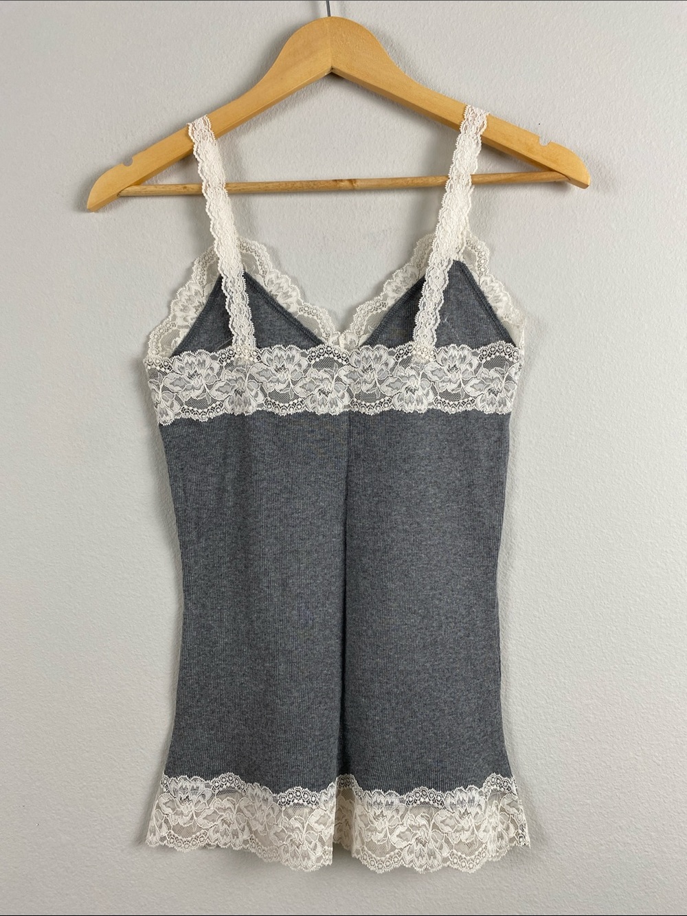 Abercrombie & Fitch Lace Embroidered Ribbed Camisole/Tank Top | Gray/Ivory - Picture 2 of 16
